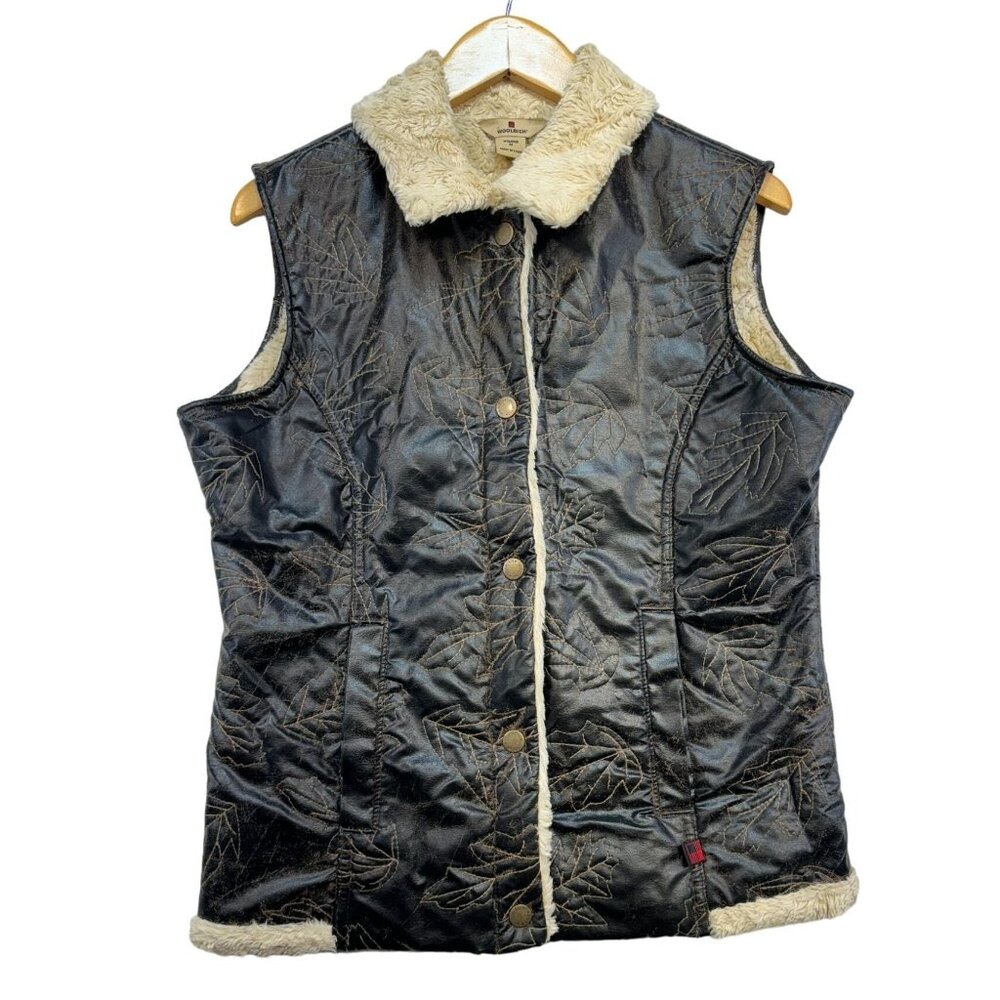 Woolrich Womens Outdoor Faux Leather Sherpa Lined Vest Medium Brown Leaf